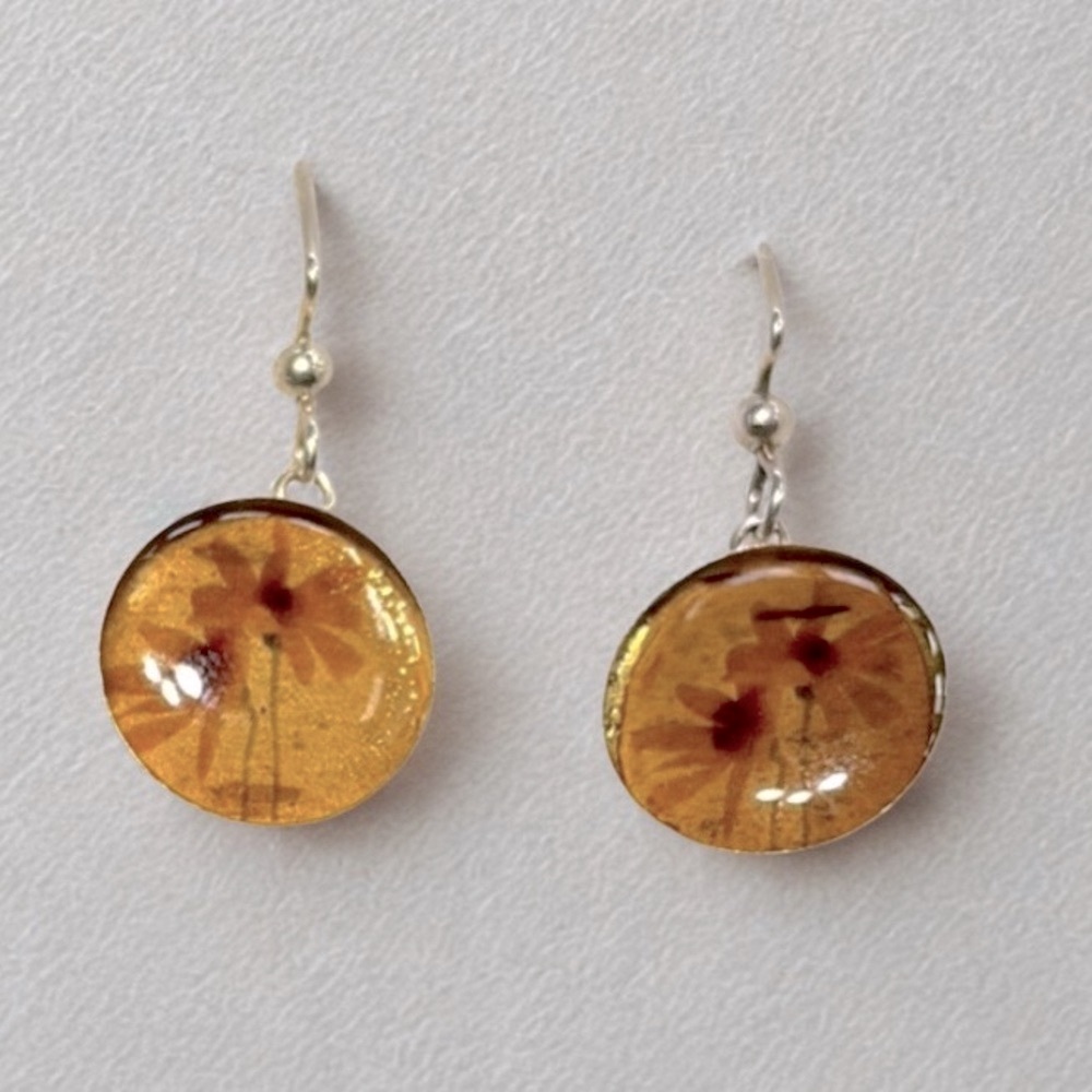 Silver, FloralMinimalist Dangle Earrings with Amber‎ Glass Pendants